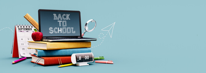 Back to school concept with laptop and books on blue background with copy space. 3D Rendering, 3D Illustration