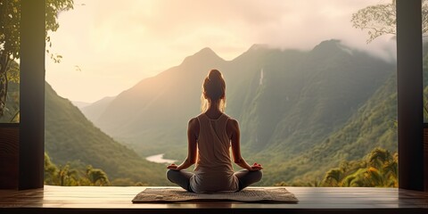 Poster - Healthy wellness woman yoga breathing meditating in lotus position. Generative AI