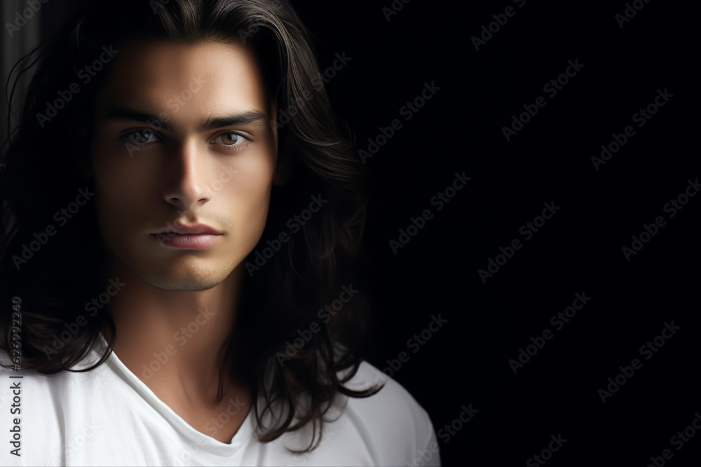 Close-up portrait of a very handsome young man with brown eyes, long ...