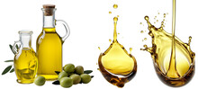 Olive Oil Set. Glass Bottle Of Olive Oil With Olives. A Drop Of Olive Oil Close-up. Isolated On A Transparent Background. KI.