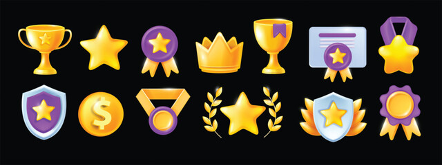 3d high quality professional icon set, vector recognition award medal kit, ui game level up reward. 