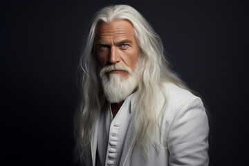 Wall Mural - Close-up portrait of a handsome older man with blue gray eyes, long white hair, and a white beard, wearing a white shirt and jacket - copy space, isolated, black background
