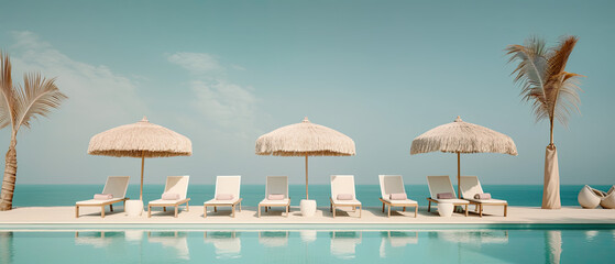 Luxurious swimming pool and loungers umbrellas near beach and sea with palm trees and blue sky. Generative AI