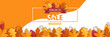Autumn seasonal sale background with a bright border of leaves. Poster, flyer with colorful leaves.  Autumn vector illustration in paper cut style. 