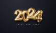 Happy New 2024 Year. Holiday vector illustration of golden metallic numbers 2024 isolated on black background. Realistic 3d sign. Festive poster or banner design