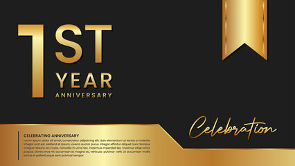 1st anniversary template design in gold color isolated on a black and gold background, vector template