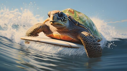 A turtle surfs on a surfboard.