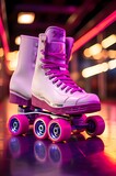 Pink and white color retro roller skates under neon light on the street.  