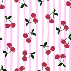 Wall Mural - Cute cherry seamless pattern. Hand drawn cherries wallpaper.