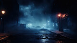 Fototapeta Perspektywa 3d - Empty dark city street with horror atmosphere, Night scene with fog without people. Generative Ai