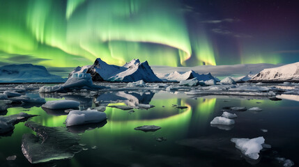 a vast polar landscape at midnight, star - studded sky reflected on the frozen ground, Aurora Borealis colors dancing over icebergs