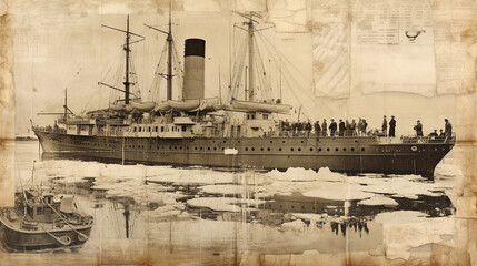 Wall Mural - A multi - layered collage of vintage photographs from early polar expeditions, sepia - toned, elements of grunge and scrapbooking, incorporated text excerpts from explorer's diaries, mixed media digit