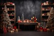 © dashtik - christmas interior with fir tree, gifts, table and shelves on dark background. Generative AI