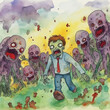 water color of a zombie getting chased by mutant zombies