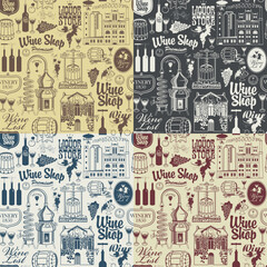 Seamless pattern on the theme of wine, wine shops and wine making with drawings and inscriptions in retro style on an old paper background. Suitable for Wallpaper, wrapping paper, textile, fabric