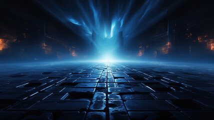 Abstract technology, dark blu empty street, asphalt floor, studio room with smoke. Generative Ai