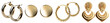 Set of gold earrings. Hoop earrings, round gold earrings, elegant and modern earrings. Isolated on a transparent background. KI.