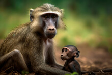Affectionate Portrait Of Mother Baboon And Baby. Amazing Wildlife. Generative Ai