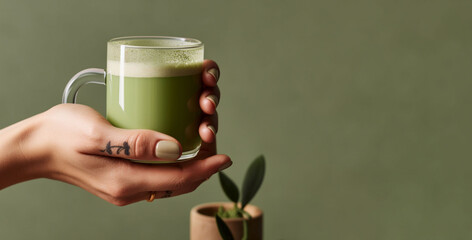 Wall Mural - Banner of cup of matcha latte in woman's hands, tattoo on finger, healthy lifestyle banner, on green background. Copy space