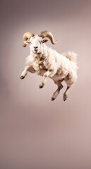 Canvas Print - Male sheep ram jumping high in air, looks like flying. Vertical banner with copy space down. Generative AI