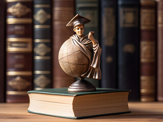learning study international, graduation wooden statue and globe with books on table
