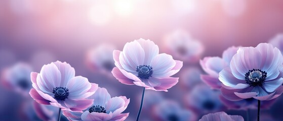 An artistic photography of a field of anemone flowers with negative copy space, creating a unique and eye-catching background. Wedding card, condolences, wallpaper, voucher. Generative AI. 