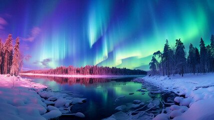 Wall Mural - northern lights, aurora borealis, display over a frozen landscape, pine trees in the foreground, vib