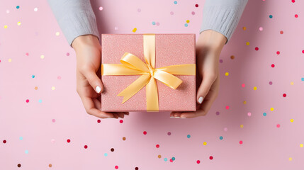 Womans hands holding gift or present box decorated confetti on pink pastel. Generative Ai
