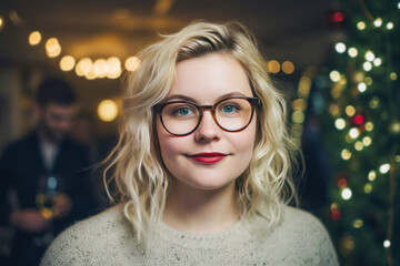 Blonde woman with glasses at a Christmas party with decorated tree in the background.