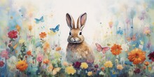 An Oil Painting Of A Watercolor Bunny Artwork In A Whimsical Garden Setting,   Generative AI Digital Illustration