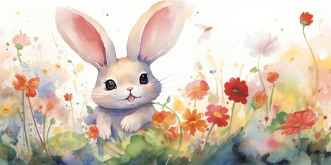 Wall Mural - A comic featuring a watercolor bunny in a whimsical garden setting, surrounded by colorful flowers and butterflies.    Generative AI Digital Illustration