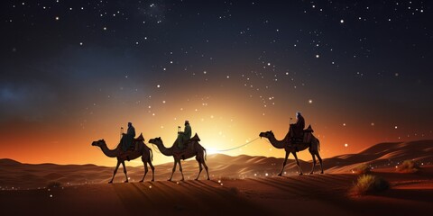 Three kings illuminated by the radiant guiding star. Created with generative AI technology.