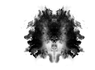 Wall Mural - Black smoke cloud, fog or smokey flare and steam or gas, mist explosion with a powder spray. Rorschach test, design element and texture isolated on a transparent background