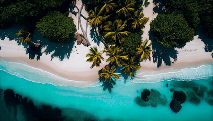 Wall Mural - An idyllic drone view of a tropical island, surrounded by crystal-clear turquoise waters, white sandy beaches stretching along the coastline,
Created using generative AI tools