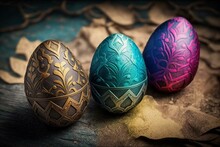 Colorful Easter Eggs With Unique Patterns On Textured Background. Generative AI