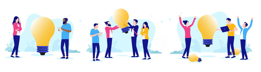 Fototapete - Business ideas vector collection - Set illustrations with people brainstorming and working with idea lightbulbs in teams. Flat design with white background