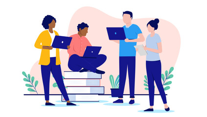Fototapete - Office people with computers - Team of characters standing together working with laptops. Flat design vector illustration with white background