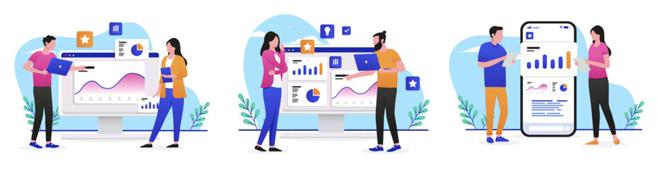 Fototapete - People working with financial charts collection - Set of vector illustrations with casual businesspeople doing computer work with graphs and diagrams. Flat design with white background