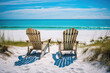© Florian - Two wooden Adirondack chairs on a white sandy beach with a view of the ocean. The chairs are facing the ocean and are positioned side by side