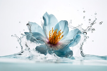 Poster - Flower in splashing water. Floral freshness concept with water drops for cosmetic, moisture and self-care packaging. Generated AI.