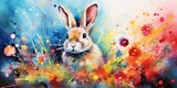 Fototapeta Na drzwi -   Bunny's Artistry - A Vibrant Canvas - Creative Watercolors - Whimsical Workshop Generative AI Digital Illustration
