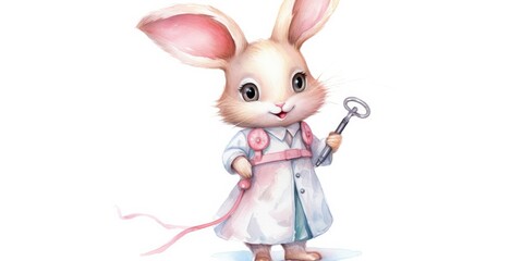 Wall Mural - Watercolor Bunny Adorable Pink Rabbit - White Medical Coat - Holding Syringe - Watercolor Illustration   Generative AI Digital Illustration