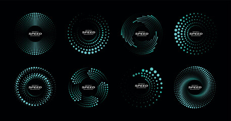 Speed lines in circle form. Thick halftone dotted speed lines. Design element for technology round logo, frame, tattoo, web pages, prints, posters. Abstract background template