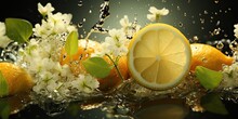 AI Generated. AI Generative. Nature Outdoor Flowers With Lemon Citrus And Water. Healthy Decoration Background. Graphic Art