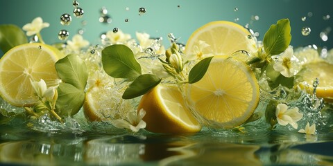 Wall Mural - AI Generated. AI Generative. Nature outdoor flowers with lemon citrus and water. Healthy decoration background. Graphic Art