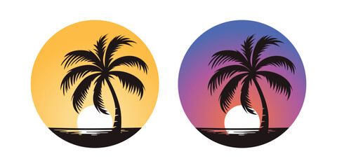 vector palm trees, palm tree icon set isolated. palm silhouettes on sunset background. design templa