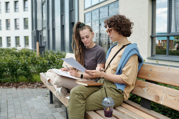 Poster - Young confident brunette businesswoman pointing at financial document or contract while explaining its points to female colleague outdoor