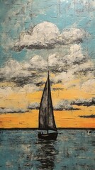 Wall Mural - Generative AI, Painted art sailboat, Harbor on the sunset. Cumulus Clouds. Hand drawn ship