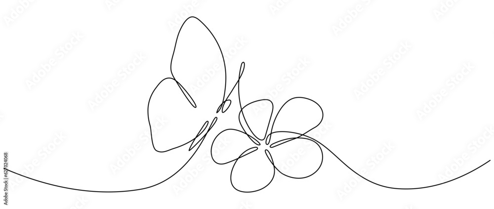 Flower with flying butterfly continuous line art drawing. Plumeria one ...