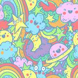 Fototapeta Psy - Cute LGBTQ pride seamless pattern. Colorful hand drawn rainbow and stars background.